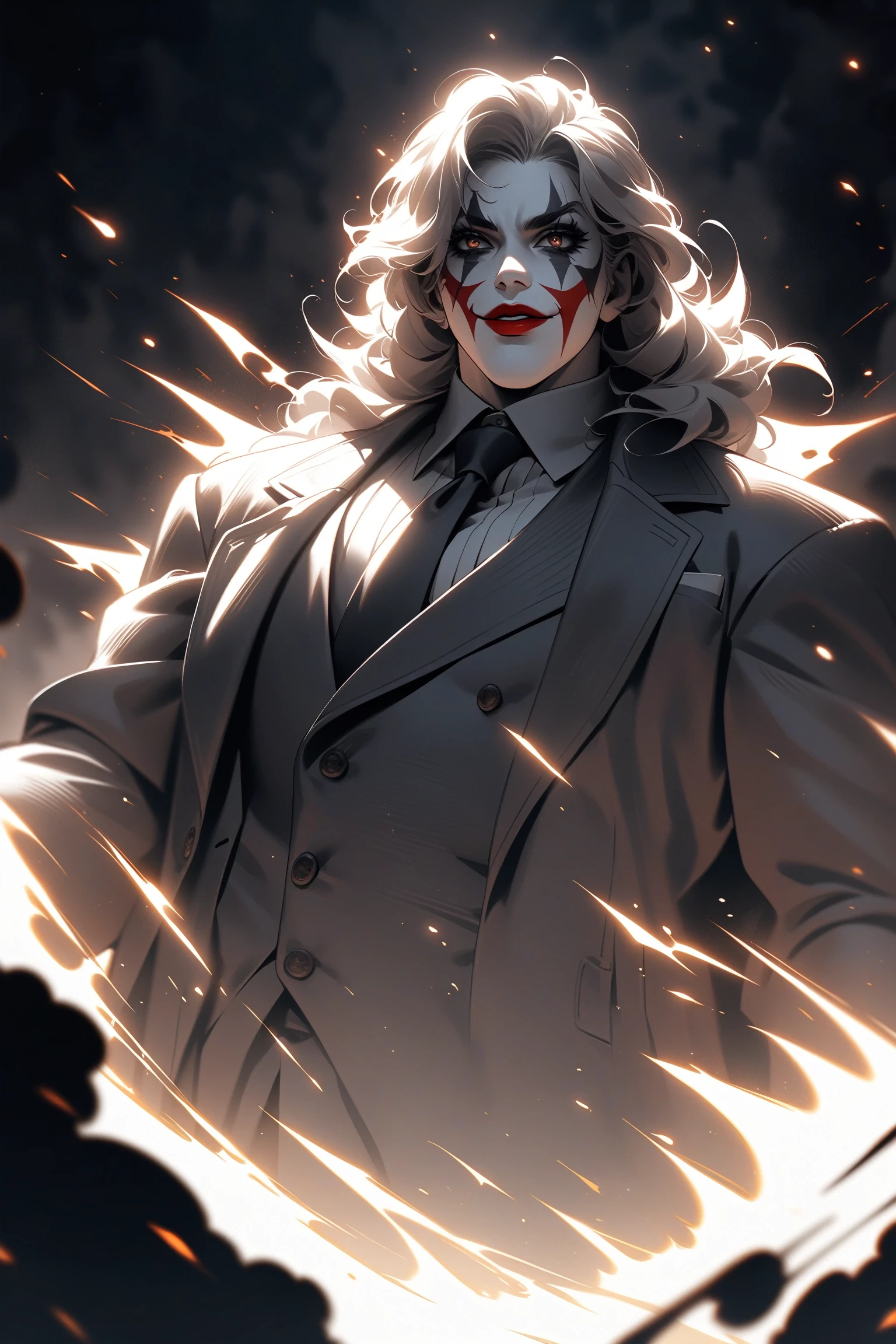 Joker risen from the ashes, sparks, 8k, hd, contour light, high contrast, depth of field, ultra detail, photorealism, cinematography, gigantism, from the first person, lots of details, dark tone, bokeh, epic frame, super realistic texture