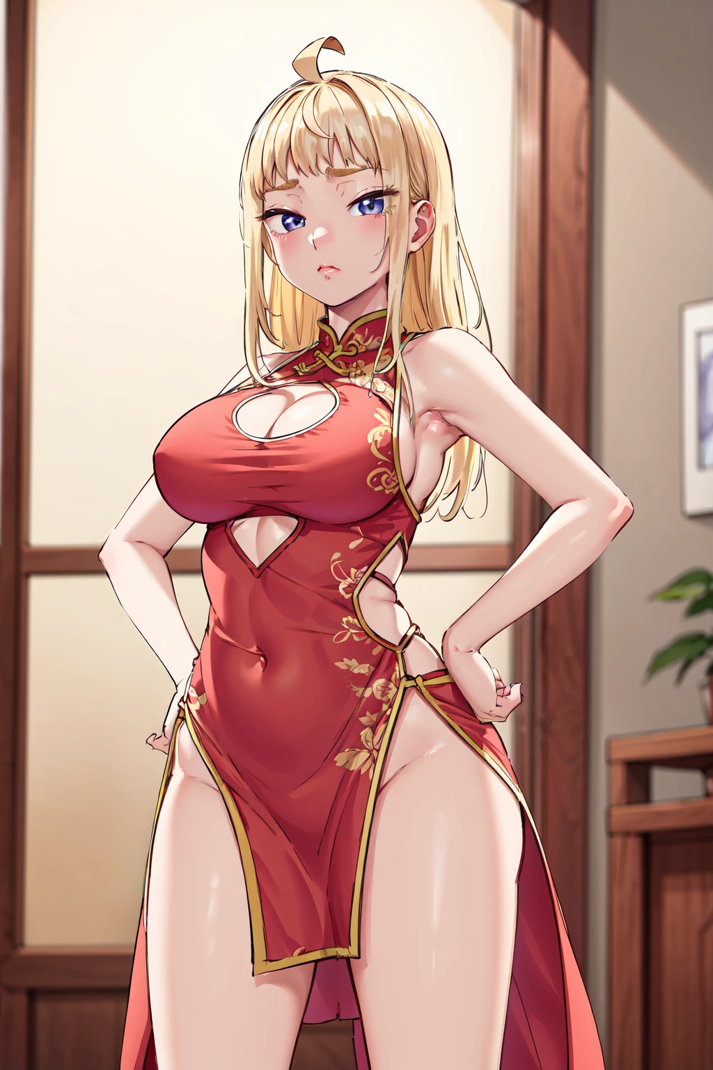 masterpiece,best quality,highres,ultra-detailed,bbminami,long hair,large breasts,ahoge,<lora:fuyuki_minami:0.8>,bare shoulders,china dress,chinese clothes,short dress,cleavage cutout,sideboob,thighs,hands_on_hips,(furrowed_brow:1.2),indoors,front view,from_below,