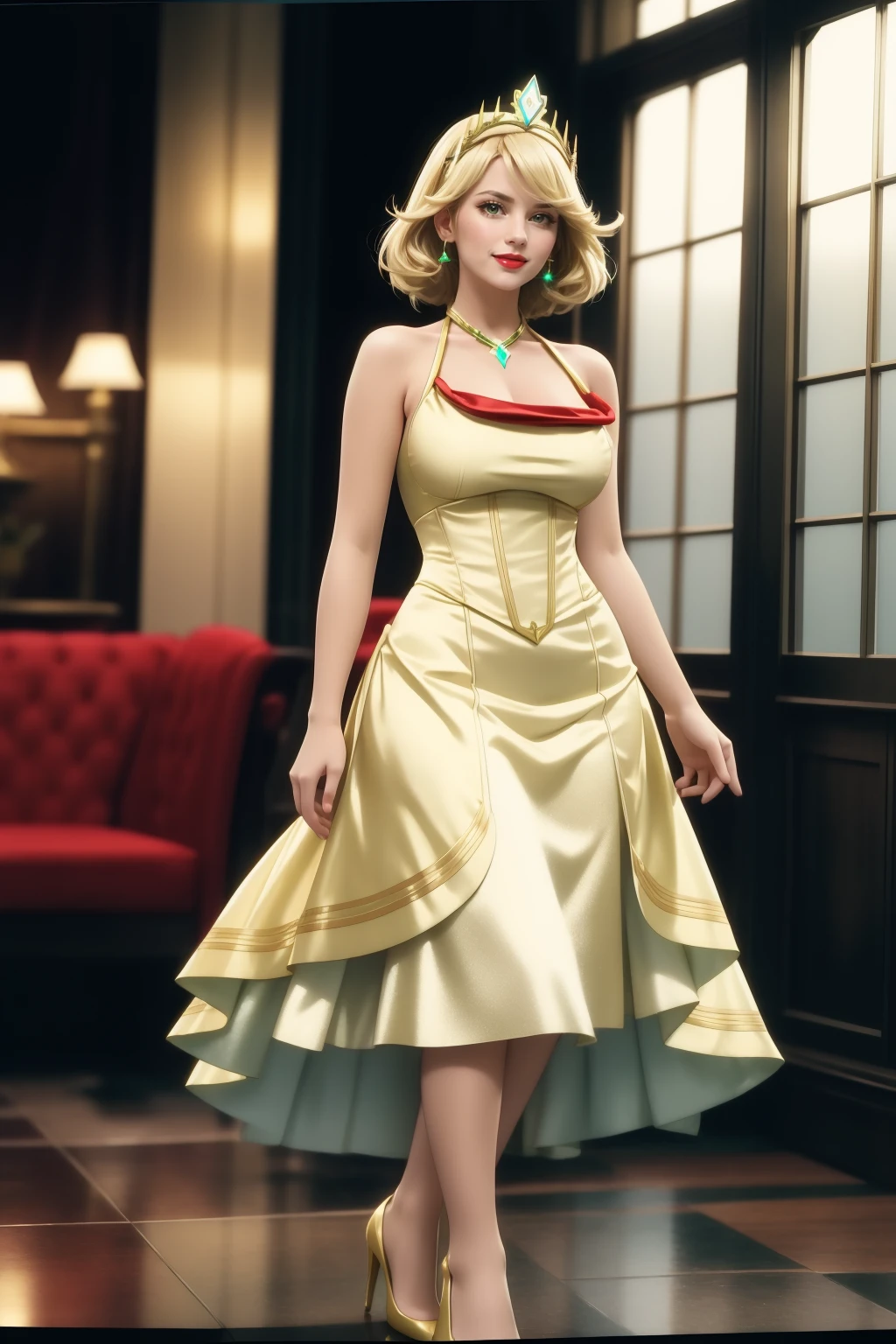 analog film photo beautiful adult woman (photogenic), Mythra \(xenoblade\), Bright blonde long hair, chest jewel, white and gold dress, glowing green trim accents, (holy aura), high detail, best quality, high quality, standing, <lora:WITRD-50:0.9> dress, rim lighting, 50's hair, hourglass figure, textured skin, grand hall, bokeh, full body, high heels, <lora:Tweak_BreastSize:0.1>, skirt, smile, (red lips), vibrant colors, seductive, <lora:Tweak_NoiseOffsetHigh:0.4> . faded film, desaturated, 35mm photo, grainy, vignette, vintage, Kodachrome, Lomography, stained, highly detailed, found footage