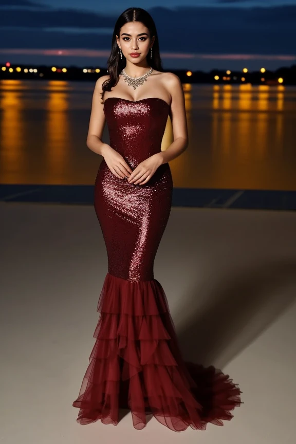 realistic, masterpiece, high detailed skin, looking at viewer, full body shot, scenic view
<lora:Red_Strapless_Dress_By_Stable_Yogi:1> red strapless dress, bare shoulders, full body, necklace