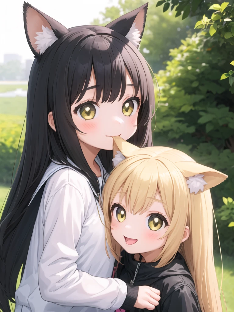2 girls, girl behind girl, animal ears, back girl taking animal ear in mouth, front girl smiling <lora:amagami-001_0.7:1>