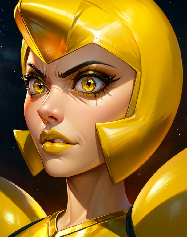 ylwdim,(yellow skin:1.1),yellow eyes,yellow lips,helmet,
breastplate,shoulder armor,chest diamond,yellow gloves,
standing,upper body,angry,teeth,
stars,gold fortress,
(insanely detailed, beautiful detailed face,masterpiece, best quality),<lora:yellowdiamond-11SSv11:0.8>,