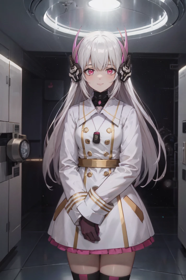 white coat, white hair, pink eyes,  long hair, headgear, black thighhighs, knee boots, white footwear , standing, black gloves, necklace, light smile, cowboy shot,
BREAK (space station:1.2), space, hospital, medical room, metal walls, indoors, medical examination, warm lighting, fluorescent lighting, subsurface scattering, volumetric lighting, window
<lora:liv-29:1>