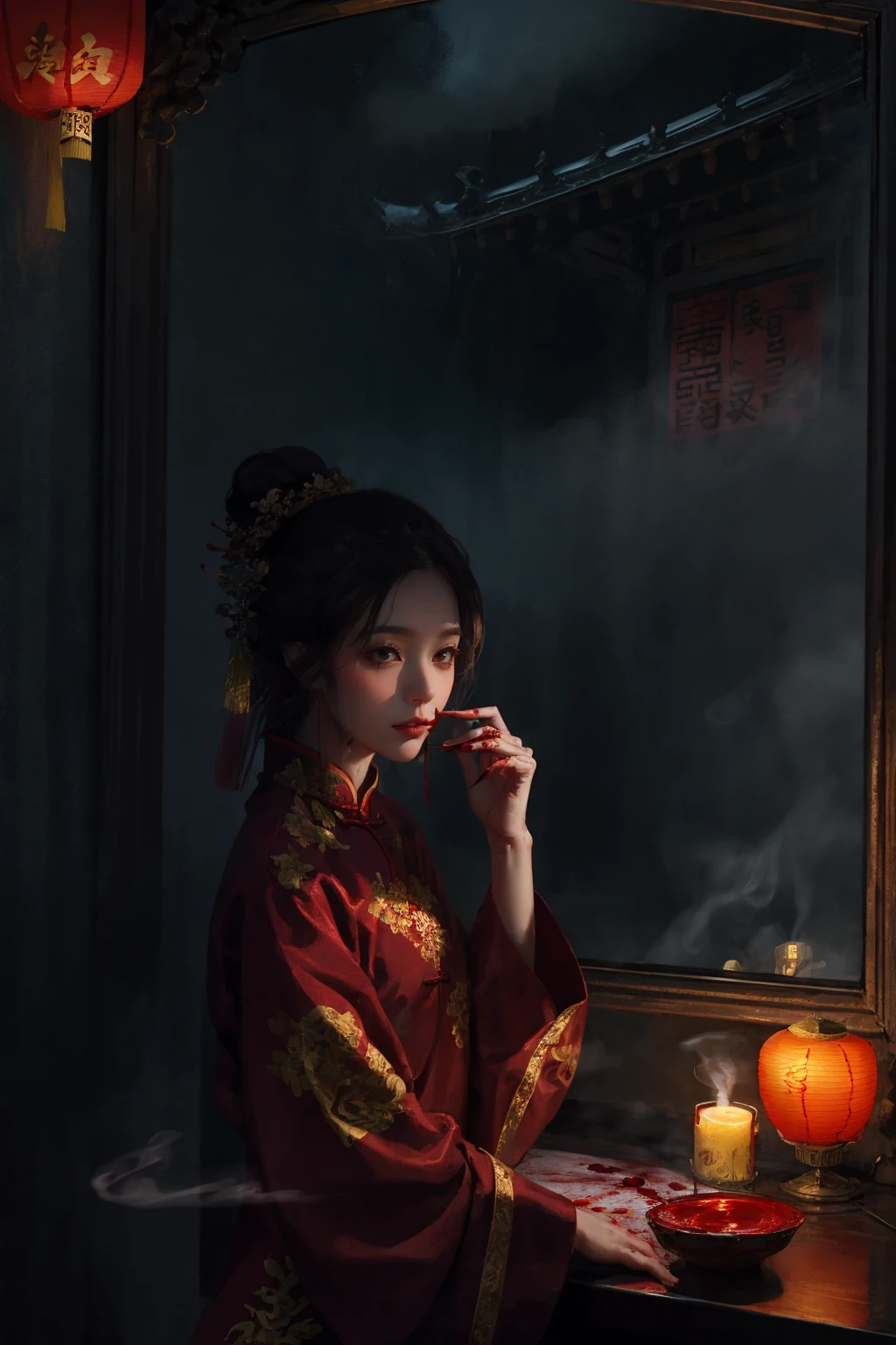 1girl,upper body,solo,Chinese architecture,Graveyard,haunted houseChinese architecture,haunted house,chinese lantern,horror,dark theme,night,smoke,red hanfu,mirror,coffin,blood,red clothes,<lora:éº»è¢NSFW2024-001æææ»¤é:0.6>,, masterpiece,best quality,ultra-detailed,