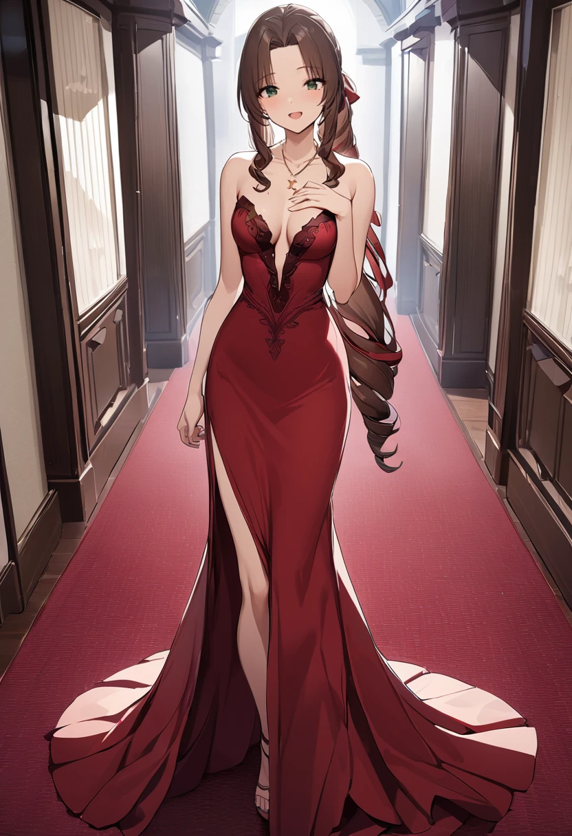 masterpiece, best quality, 1girl, game cg, 4K, <lora:aerith-xl-nvwls-v1-000006:1> altaerith, very long hair, hair ribbons, drill hair, red ribbons, star necklace, red ballgown, bare shoulders, strapless, plunging neckline, medium breasts, red carpet, hallway, mansion, looking at viewer, hand on own chest, :D
