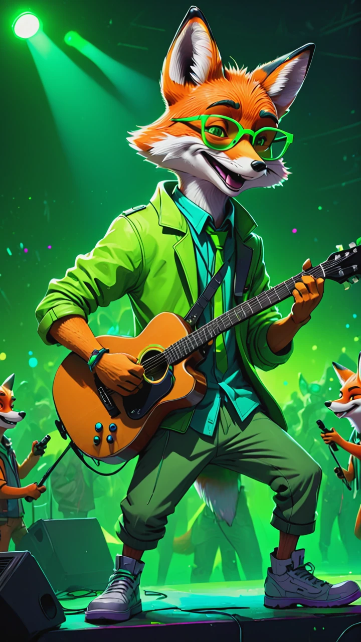 cyberpunk, line art, cartoon style, a mr.Fox, disney cartoon network, green glasses, smile, hold guitar on stage, at a rave party, neon, cartoon network character, comic painting, bold lines, <lora:mr.Fox:0.8>