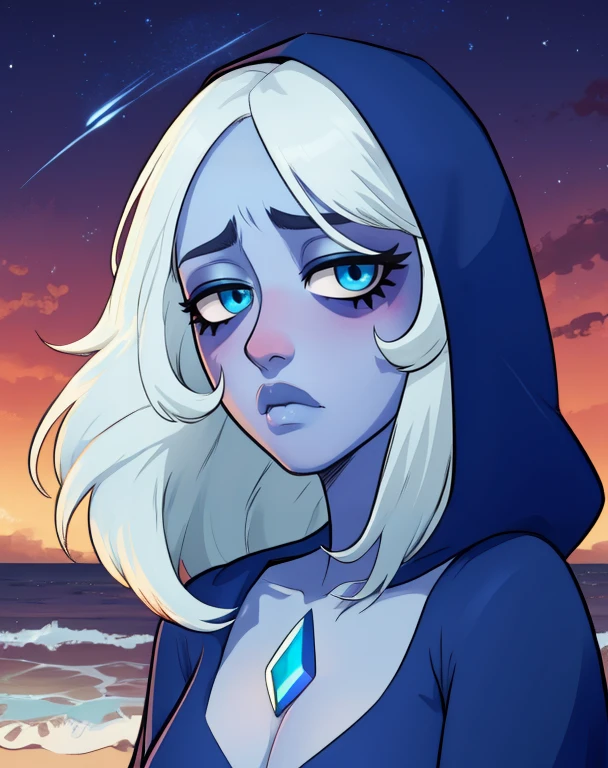 Bledim,white hair,sad,(blue skin:1.1),blue eyes,gem between collarbone,eye_bags,
blue dress,
beach,stars,hood down, 
night,
upper body,standing,night,
(insanely detailed, beautiful detailed face, masterpiece, best quality),<lora:BlueDiamond-10SSv9:0.8>,