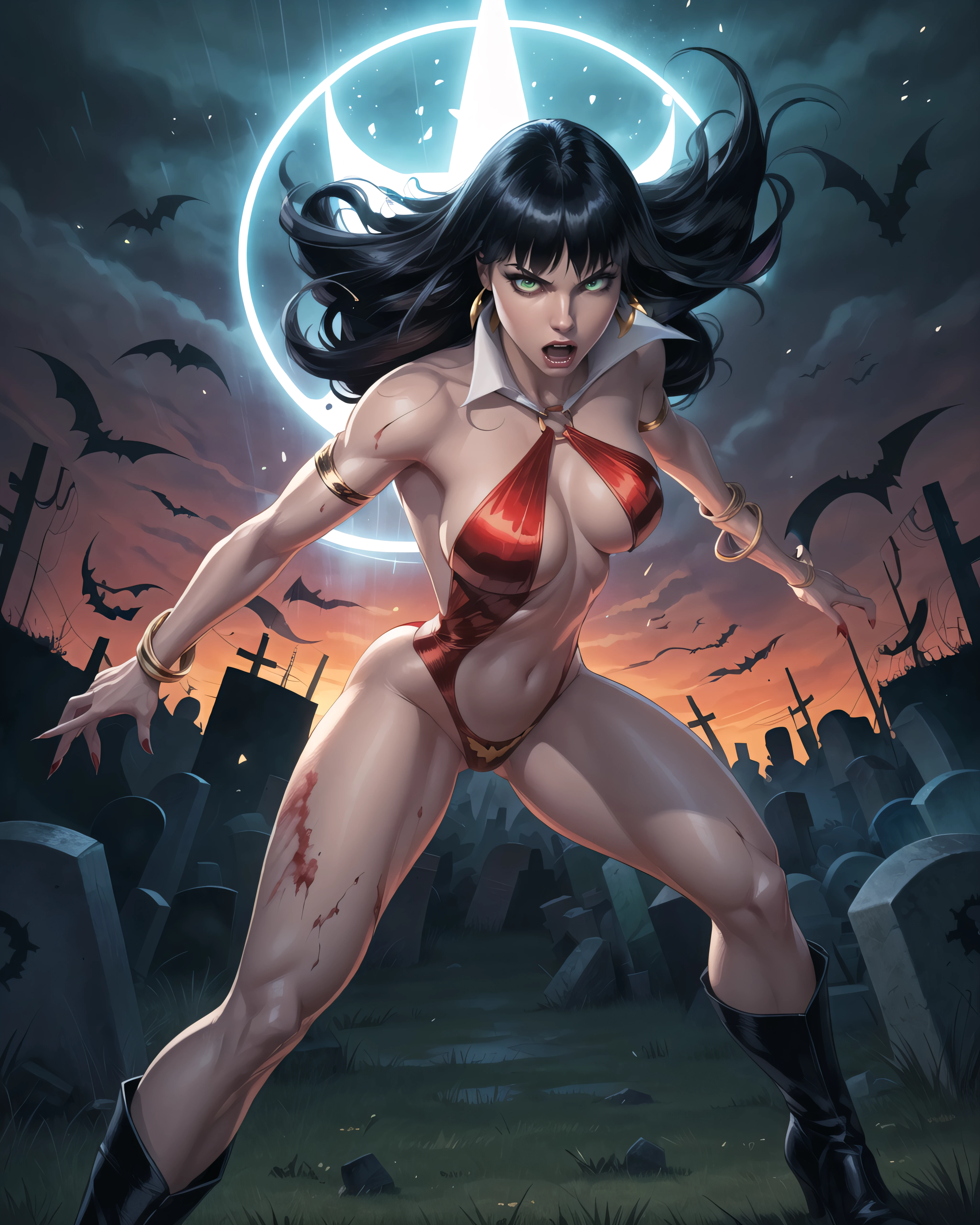 1girl, solo, highly insanely detailed, masterpiece, top quality, best quality, highres, 4k, 8k, RAW photo,
comic style, lineart,
graveyard, skulls, magic, blood, skull, bat, animal, dynamic pose, magic,
dynamic weather, dynamic colors, random colors,
1girl,
<lora:Vampirella_v01-000003:0.80>Vampirella, bangle, armlet, boots,blunt bangs, black hair, long hair, slingshot swimsuit, criss-cross halter, earrings, eyeshadow, popped collar, fangs, green eyes,