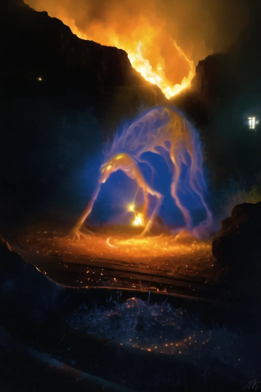 (masterpiece, best quality:1.4), trevor henderson, <lora:trevor henderson-000020:1>, night, blue light, lava