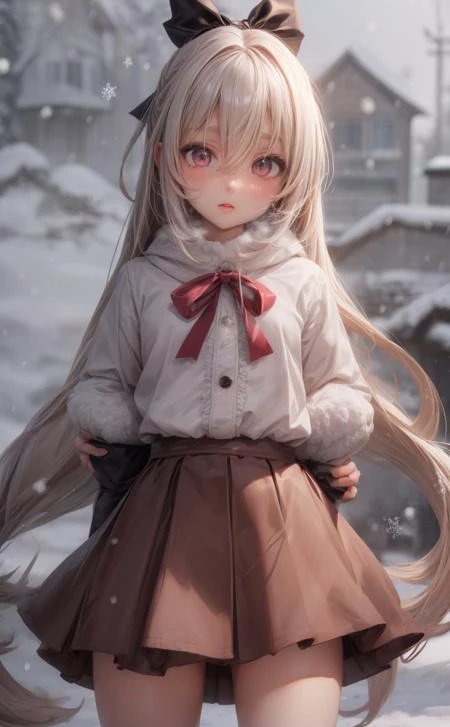 looking_at_viewer,hair_between_eyes,brown_skirt,sidelocks,snowing,ribbon,skirt,very_long_hair,