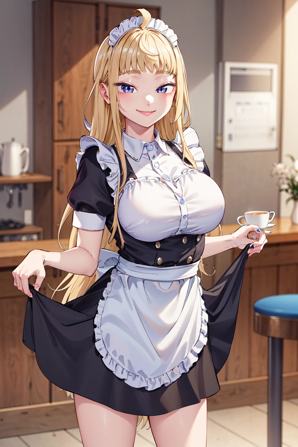masterpiece,best quality,highres,ultra-detailed,bbminami,long hair,large breasts,ahoge,indoors,cafe,maid,maid headdress,apron,(skirt hold:1.2),standing, lifting her skirt, showing her panties, white lace undies,cowboy shot,smile,