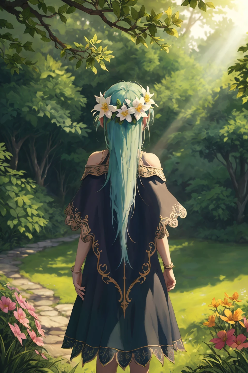 --THIS PREVIEW IMAGE USES SAMPLER: DPM++ 2M SDE Heun Karras WITH THE LORA: FFIXBG -- CLIP SKIP 3--
masterpiece, best quality:1.3), flower dress, (fantasy), high fantasy, character concept, original, elf, colorful, nature, grass,,exposure blend, medium shot, bokeh, (hdr:1.4), high contrast, (cinematic, (muted colors, dim colors, soothing tones:1.3), hair flower, shoulder_cape, from behind, looking back, standing, leaning back, turning, shaded tree, dappled sunlight, head tilt, intricate details, highly detailed, digital illustration, sharp focus, motion blur, 8k, low saturation,FFIXBG