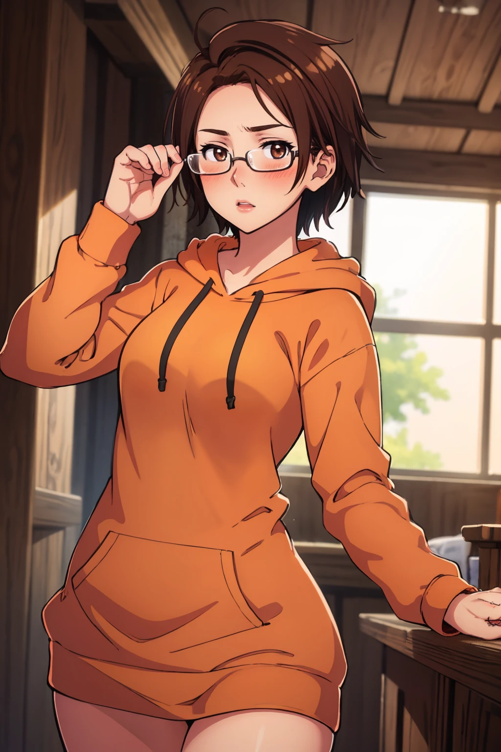 ultra detailed, sharp focus, best quality, masterpiece, colorful, <lora:NSAustriaHetalia:0.8> 1girl, NSAustriaHetalia, brown hair, short hair, blush, glasses, orange hoodie, best quality, dynamic lighting, masterpiece, intricate details