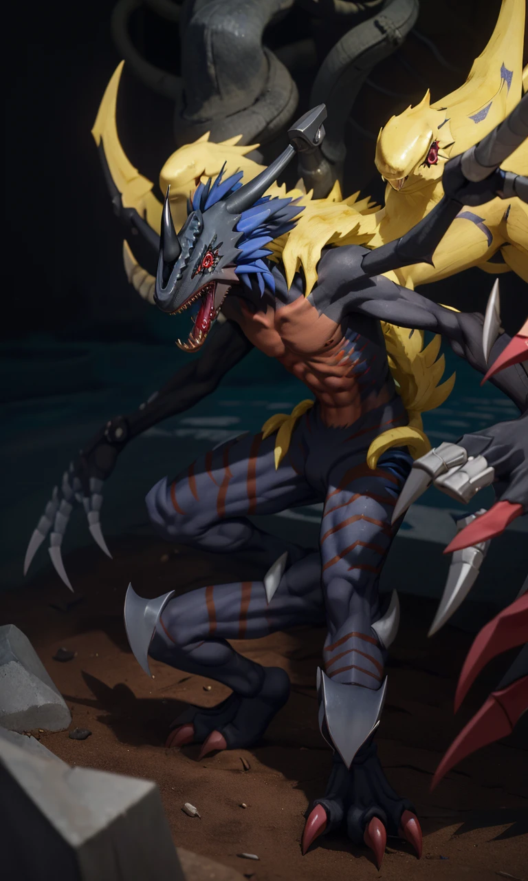 Millenniummon2024, best quality, masterpiece, depth of field, raw photo, photorealistic, monster, Digimon, 4 arms, claws, sharp teeth, two cannons, otherworldly,
