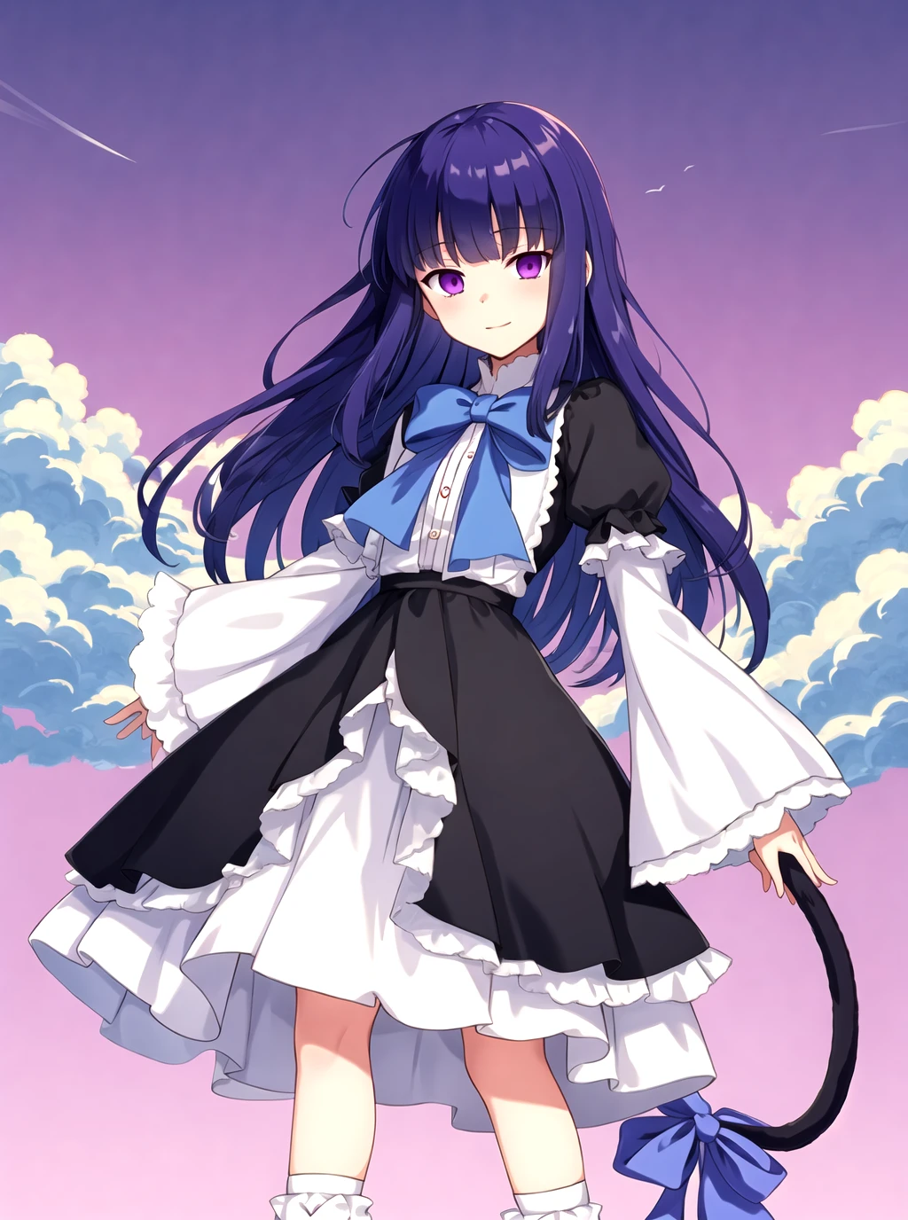masterpiece, best quality, outdoors, background cumulus clouds, cloud background, frederica bernkastel, 1girl, tail, purple eyes, dress, long hair, cat tail, blue hair, bow, socks, ribbon, kneehighs, frills, <lora:Frederica Bernkastel anyloraCheckpoint8ep26ryes40-000006:0.7>