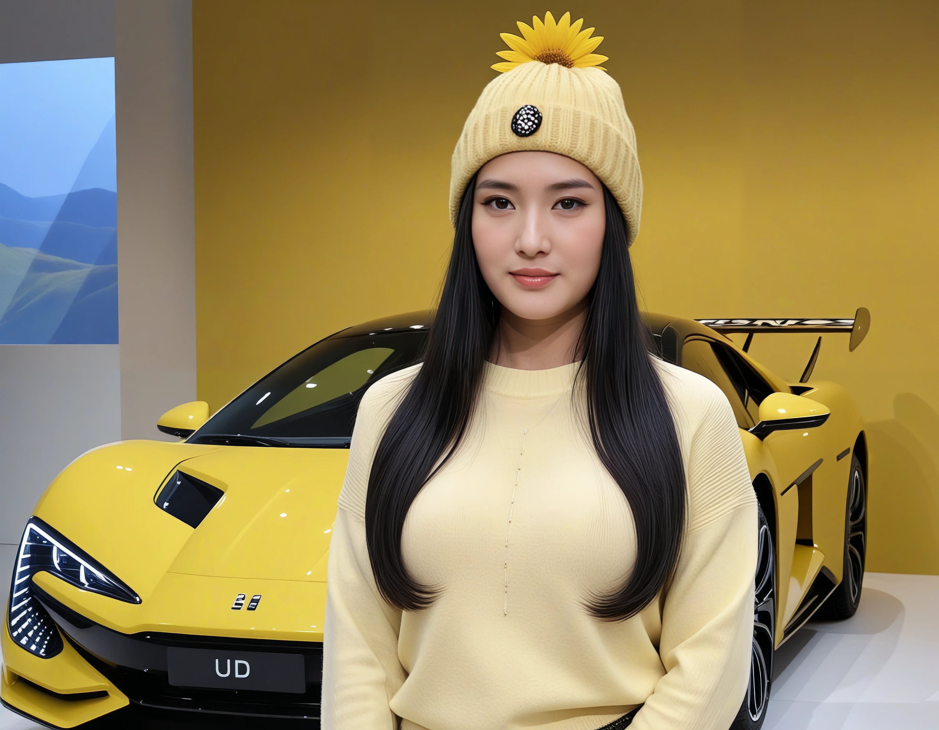 (A beautiful korean woman with long black hair,boobs, serene expression, mustard yellow, knitted hat, sunflower embellishments, chunky sweater, oversized, soft texture, neutral background:1.1)
(BYD:1.2), A blue sports car with an aerodynamic design, featuring sleek body lines, distinctive headlights, and a prominent rear wing, is displayed in a art gallery setting.The vehicle is stationed on a polished floor that reflects some of its details. The registration plate reads "DENNIS." 