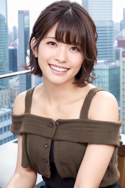 1girl, (cropped top, jacket:1.4),(sleeveless, off shoulder:1.4),(RAW photo, best quality), (realistic, photo-realistic:1.8), masterpiece, an extremely delicate and beautiful, extremely detailed, 2k wallpaper, Amazing, finely detail, extremely detailed CG unity 8k wallpaper, ultra-detailed, highres, soft light, beautiful detailed girl, extremely detailed eyes and face, beautiful detailed nose, beautiful detailed eyes,cinematic lighting,(in the city:2.0),perfect anatomy,(slender body:1.6),(close up face:1.8),(laugh,friendly, warm:2.0),(looking at viewer:2.0),(young japanese idol:1.8),(wavy short hair:1.8), (brown eyes:1.8),(dynamic pose:2.0), (cleavage:1.2), <lora:iwamimanaka_lora-10:0.8>