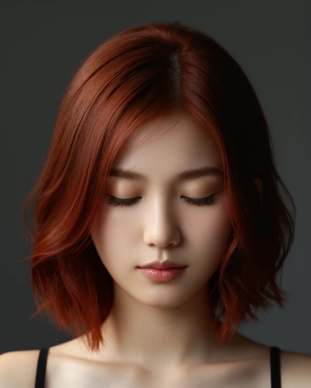 face closeup,closed eyes,beautiful redhead girl with short hair,dark theme, detailed skin, empty background,asian,japanese