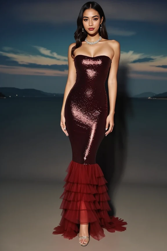 realistic, masterpiece, high detailed skin, looking at viewer, full body shot, scenic view
<lora:Red_Strapless_Dress_By_Stable_Yogi:1> red strapless dress, bare shoulders, full body, necklace