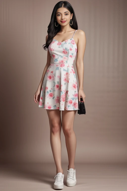 realistic, masterpiece, high detailed skin, looking at viewer, full body shot
<lora:m1xdr3ss:0.8>m1xdr3ss, short dress, jewelry, standing, full body, earrings, shoes, bag, floral print, white footwear