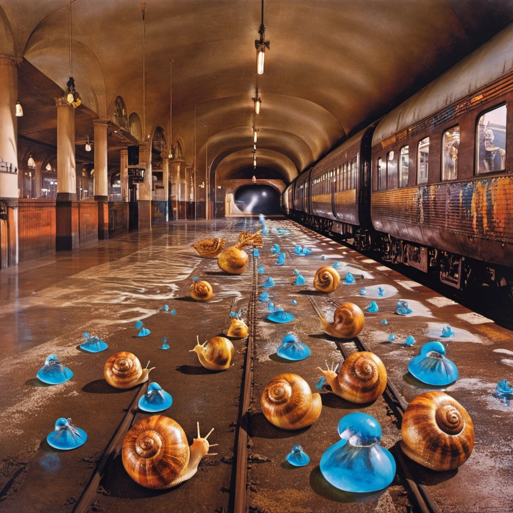 by storm thorgerson, psychedelic hyperrealistic surrealism, dreamscape, award winning masterpiece with incredible details, A train station where the trains are giant snails, leaving trails of shimmering slime behind them, highly detailed<lora:Storm:1>