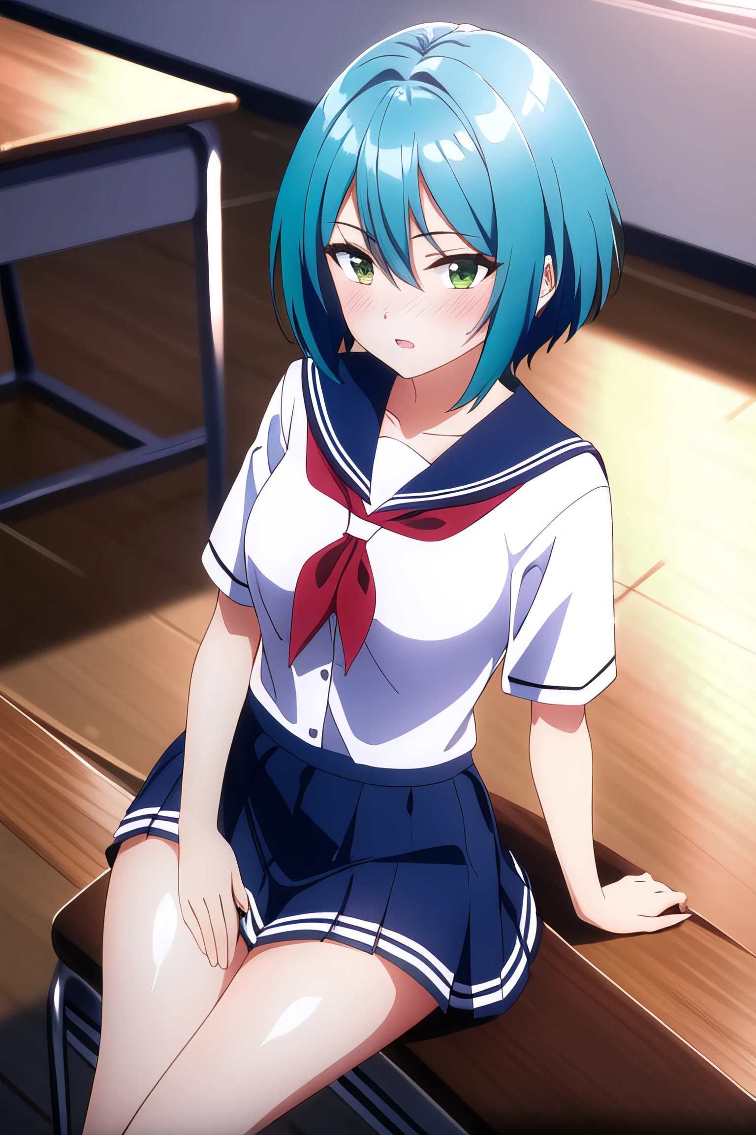 (anime artwork, anime style, studio anime, very detailed, up to date, vibrant, Anime Coloring, high contrast, masterpiece:1.2, best quality, best aesthetics), woman in sailor suit, pleated skirt, Medium chest, A glimpse of thighs, blue hair, bob cut, One eye is hidden by the bangs, perfect proportions, high detail skin, Cute, detailed faces, random sexy pose, school classroom, precise fingers,