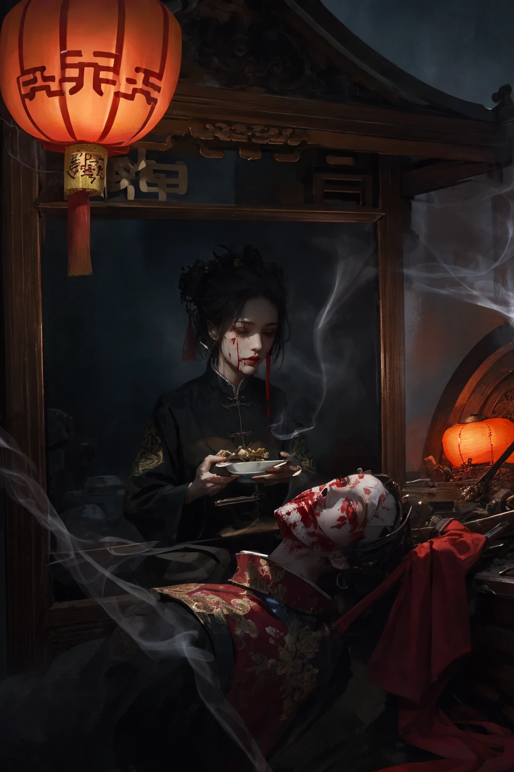 1girl,upper body,solo,Chinese architecture,Graveyard,haunted houseChinese architecture,haunted house,chinese lantern,horror,dark theme,night,smoke,red hanfu,mirror,coffin,<lora:éº»è¢2024ææ:0.6>,blood,red clothes,, masterpiece,best quality,ultra-detailed,