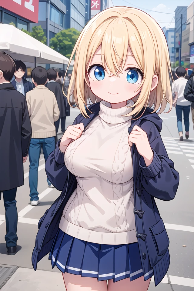 insanely detailed, absurdres, ultra-highres, ultra-detailed, best quality,
1girl, solo, nice hands, perfect hands
BREAK
duffle coat, (turtle neck sweater:1.2), Pleated skirt
BREAK
happy smile, laugh, closed mouth, standing,
,
seductive pose, cowboy shot
BREAK
slender, kawaii, perfect symmetrical face, ultra cute girl, ultra cute face, ultra detailed eyes, ultra detailed hair, ultra cute, ultra beautiful
BREAK
shibuya, akihabara, tokyo, street, crowd, cityscape
BREAK
large breasts,
(blonde medium hair, blue eyes), hair between eyes