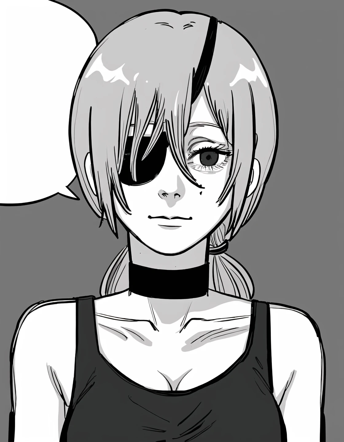best quality, afterglow, 4k, ((masterpiece)), extremely detailed, 8k, trending on ArtStation, Intricate, High Detail, Sharp focus, fujichai <lora:fujichai:1.1>, (monochrome, greyscale), (manga panel, sketch, sketchy), 1girl,, 1girl, quanxi <lora:csm_quanxi:0.8>, ponytail , white hair, eyepatch, choker,