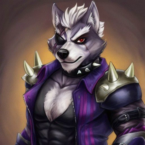 male, wolf, solo, wearing jacket, eyepatch, red eyes, grey body, scar, wolf o'donnell, purple clothing, spikes, armor, collar, fancy, black shirt , muscular