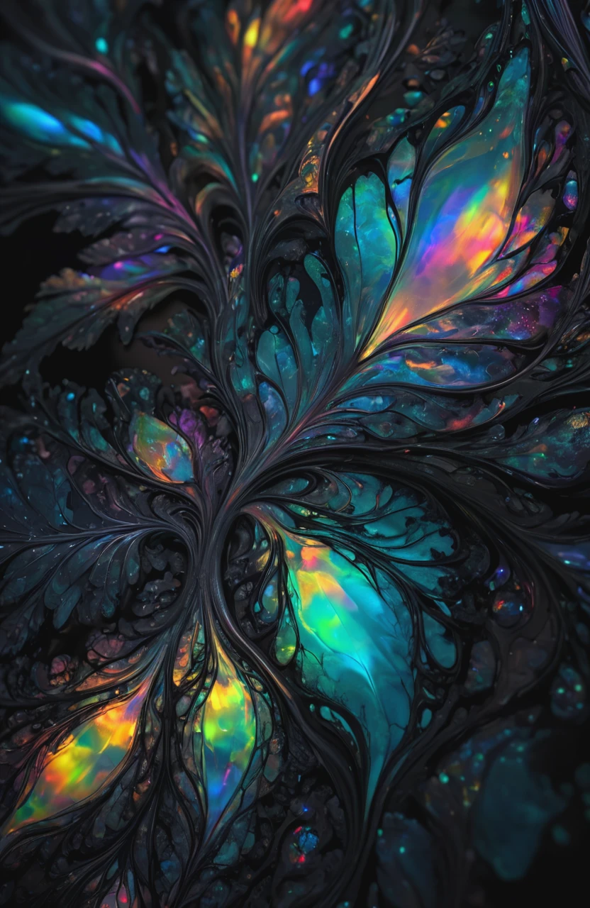 Iridescent opal style, macro, concept art, masterpiece, (fractal:0.2), fulcolor, dark noir, muffled light, realistic, soft shadows, best quality, hyper detailed, 4k. <lora:add-detail-xl:1>