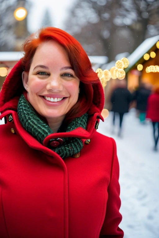 <lora:br1t4nny3l1z4b3th_v2:1>, realistic, (high detail), (high quality), (high resolution), red hair (br1t4nny3l1z4b3th woman) at the christmas market wearing winter coat, detailed face