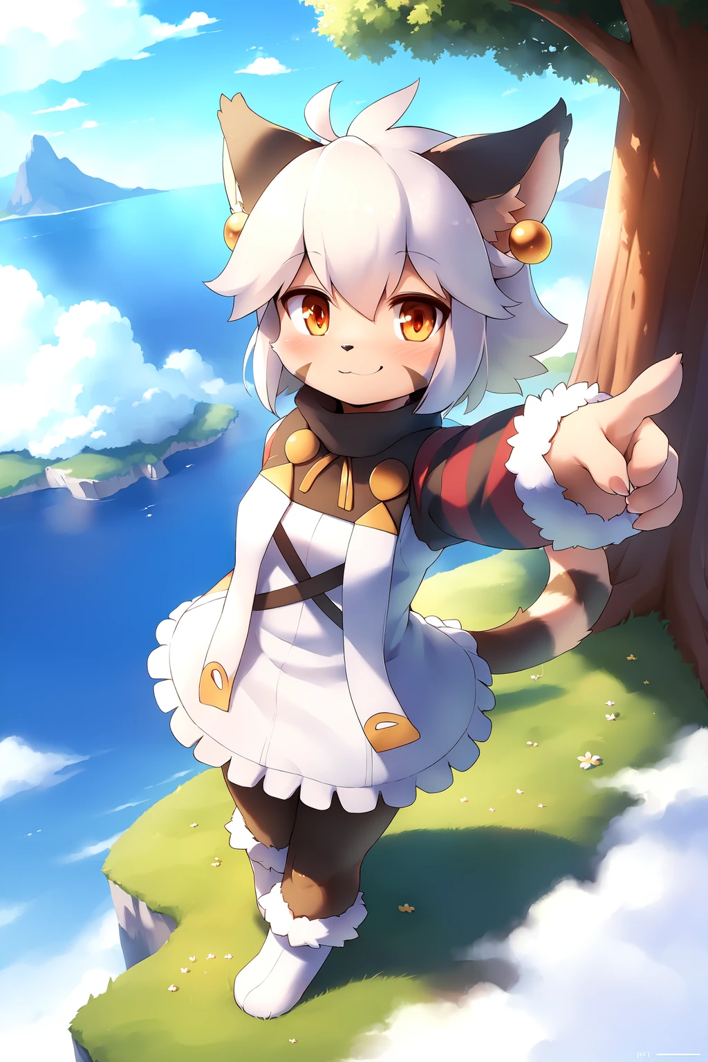 elh, elhattire, masterpiece, high quality, beautiful lights and shadows, (wide shot:1.2), absurd res, digital painting \(artwork\), 1girl, solo, kemono, furry female, cat girl, strap, (detailed eyes, body fur:1.3), facial mark, white hair, short hair, shiny hair, cat ears, earrings, red eyes, orange eyes, animal nose, striped tail, blush, smile, closed mouth, (looking at viewer, reaching towards viewer:1.2), full body, striped sleeves, fur trim, white boots, black pants, standing, flying islands, detailed background, blue sky, tree, grass, (clouds:1.4), (8k hd, wide dynamic range, hdr:1.1)  <lora:elhV2:1>