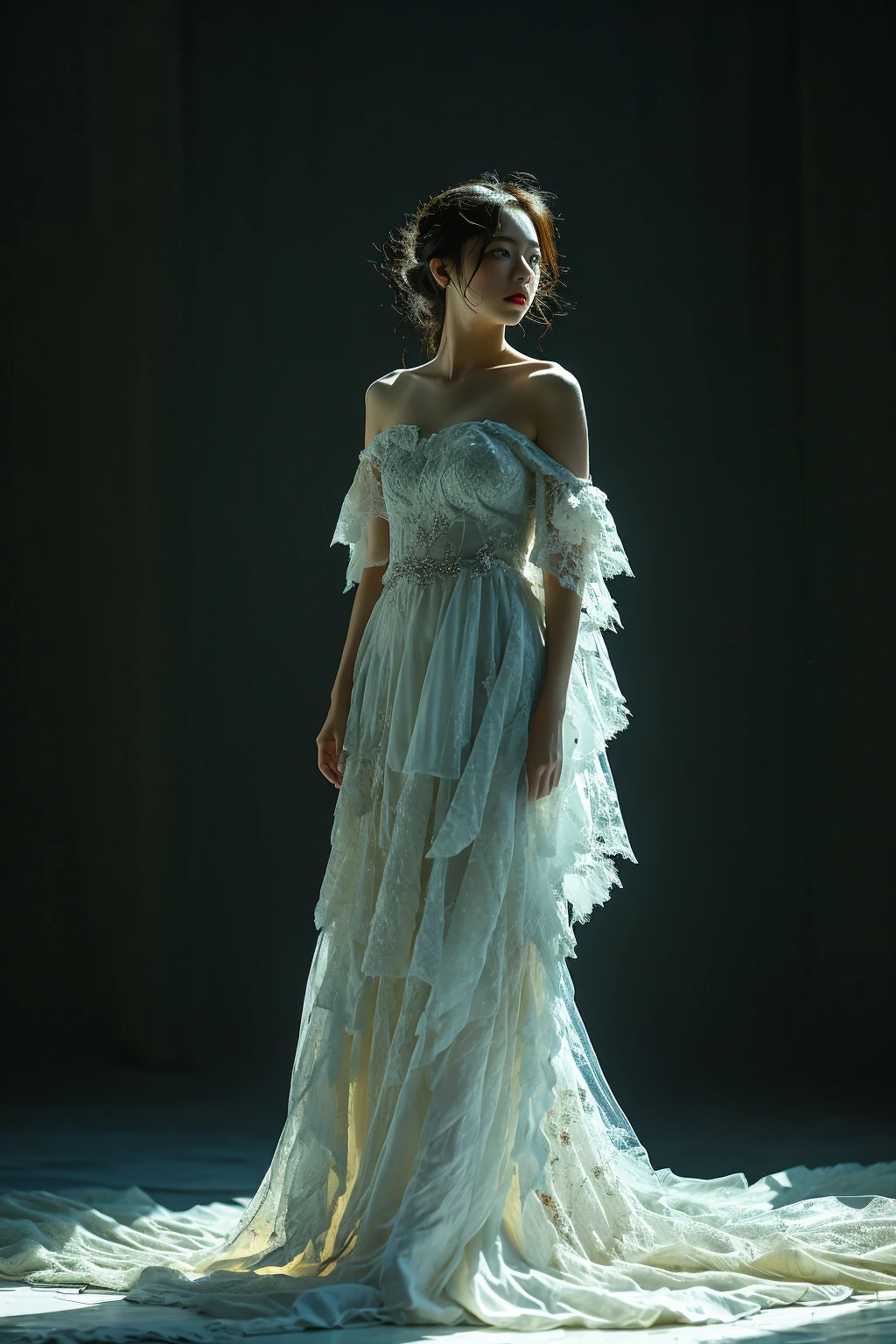 a girl, full body sideways, light, depth of field, blurred background
