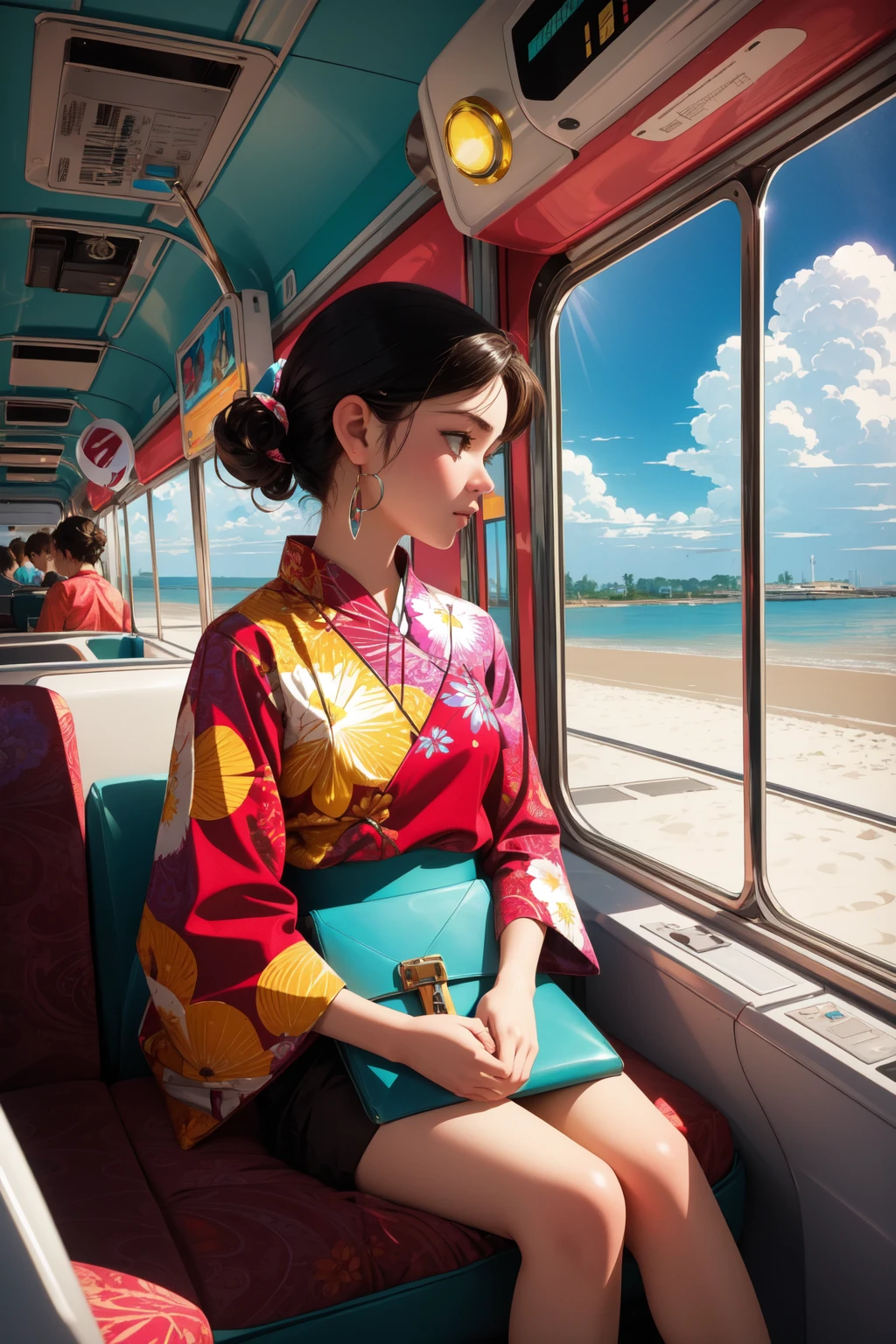1girl, (stylized by Arthur Tress:1.0) and (Lucio Fontana:1.2) and (Kunio Okawara:1.2) , surrealism art, grand, elegant, (Azure theme:0.7) , Long exposure of a Drab Exotic White and Forest Green New Wave ([Purse|Train]:1.3) , it is made from Nickel, it is in a Videogame setting, spring background, desolate beach and Heliosheath in background, at Dusk, tilt shift, Graphic novel, Awe, Magewave, Indirect light, F/1.8, Colorful, Maroon splash, Batik, Concept Art World, beautiful