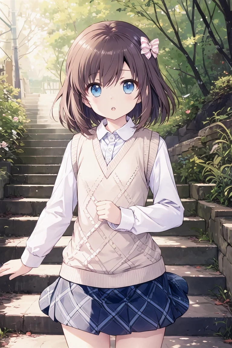 <lora:onjouji-toki_v10:0.8> onjouji toki, hair bow, standing, long sleeves, collared shirt, sweater vest, plaid skirt, looking at viewer, parted lips, (half-closed eyes:0.7), nature, stairs