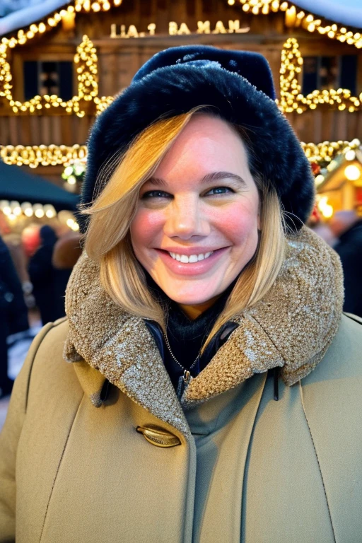 <lora:br1t4nny3l1z4b3th_v2:1>, realistic, (high detail), (high quality), (high resolution), blonde (br1t4nny3l1z4b3th woman) at the christmas market wearing winter coat