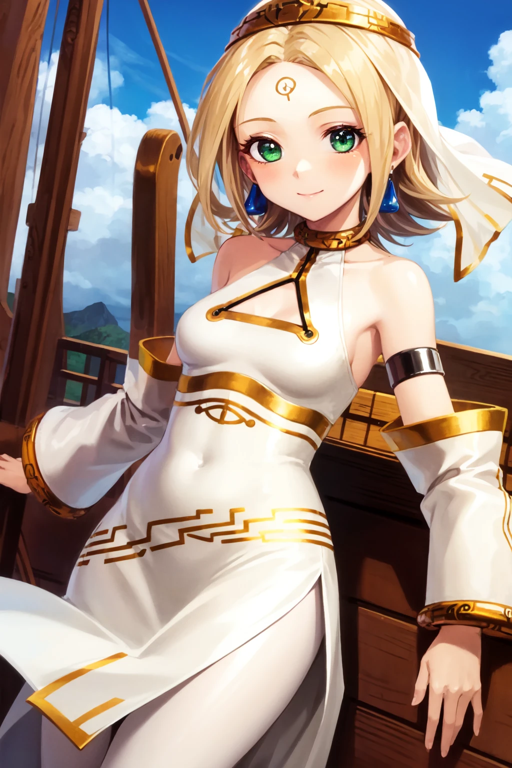finasa, 1girl, solo, forehead mark, circlet, earrings, veil, white dress, armlet, detached sleeves, white pantyhose, side slit, sky, cloud, wooden ship, smile, closed mouth, green eyes <lora:finasa_V1-11:0.7>