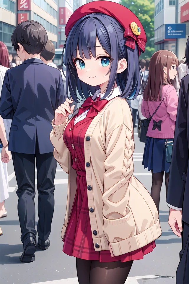 insanely detailed, absurdres, ultra-highres, ultra-detailed, best quality,
1girl, solo, nice hands, perfect hands
BREAK
(vintage-inspired beret with flower pin:1.3), (navy and red plaid dress:1.5), (golden buttons down the front:1.2), (ivory blouse with ruffle detailing and red bow tie:1.4), (peach cardigan with cable knit pattern:1.3), (black tights:1.1), (red Mary Jane shoes:1.2)
BREAK
happy smile, laugh, closed mouth, standing,
from side, standing, cowboy shot
BREAK
slender, kawaii, perfect symmetrical face, ultra cute girl, ultra cute face, ultra detailed eyes, ultra detailed hair, ultra cute, ultra beautiful
BREAK
shibuya, akihabara, tokyo, street, crowd, cityscape
BREAK
medium breasts,
(turquoise blue medium hair, black eyes), hime cut