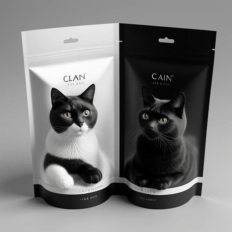 3d packaging design, luxury brand, clean text, ((black and white)), cat logo,colors,volumetric light studio