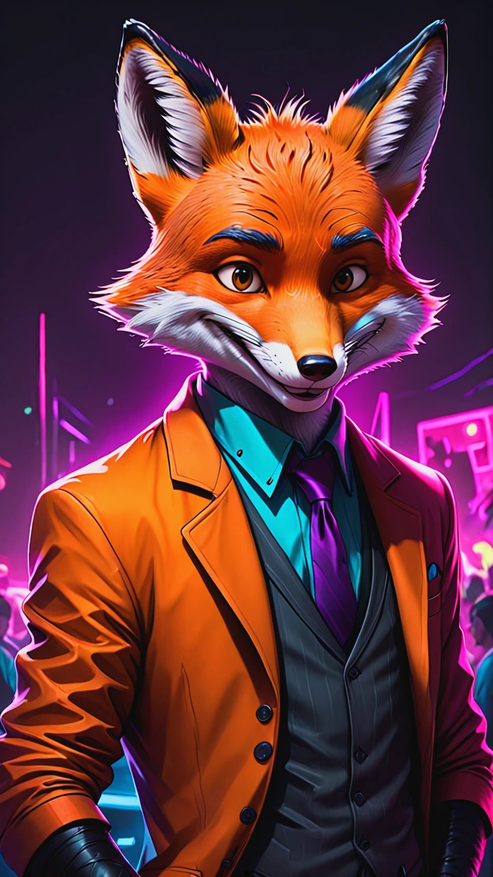 cyberpunk, line art, cartoon style, a mr.Fox, disney cartoon network, dark noir, horror, evil smile, at a rave party, neon, realistic, cartoon network character, comic painting, bold lines, <lora:mr.Fox:0.8>