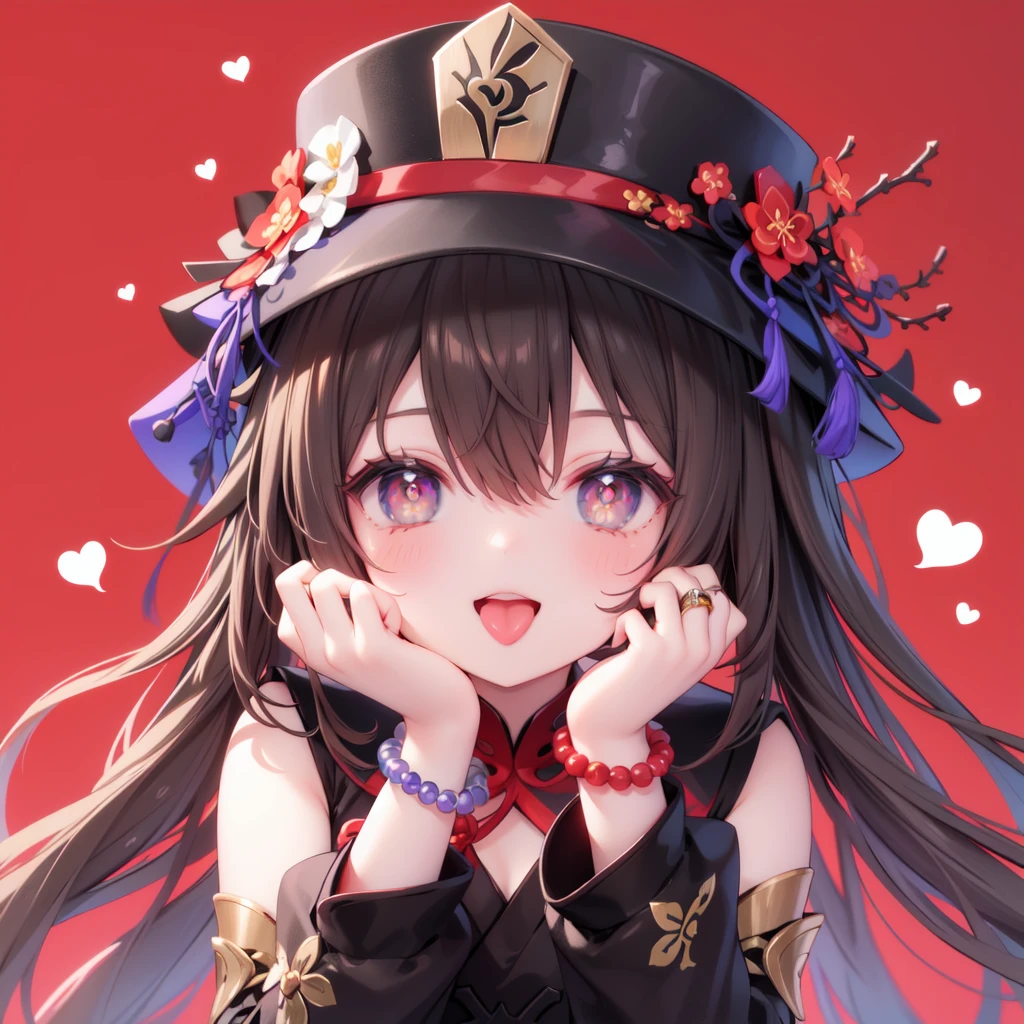 1girl, solo, hu tao (genshin impact), jewelry, hat, symbol-shaped pupils, open mouth, brown hair, looking at viewer, red background, heart, blush, red eyes, hat flower, simple background, long sleeves, long hair, hands on own face, smile, bracelet, ring, flower, hair between eyes, tongue, black headwear, bangs, upper body, hands on own cheeks, bead bracelet, beads, multicolored hair, :d, teeth, flower-shaped pupils, tongue out
