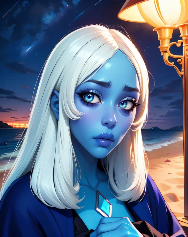 Masterpiece, best quality, hand-drawn style, lots of details, high quality, right shadows and ligh, female character, age 30 years, azure-blue skin, oval face, round face, white long hair, large oval brown eyes, straight small snub nose, rising thin eyebrows, downward-turned lips, small chin, casual steampunk fantasy clothing