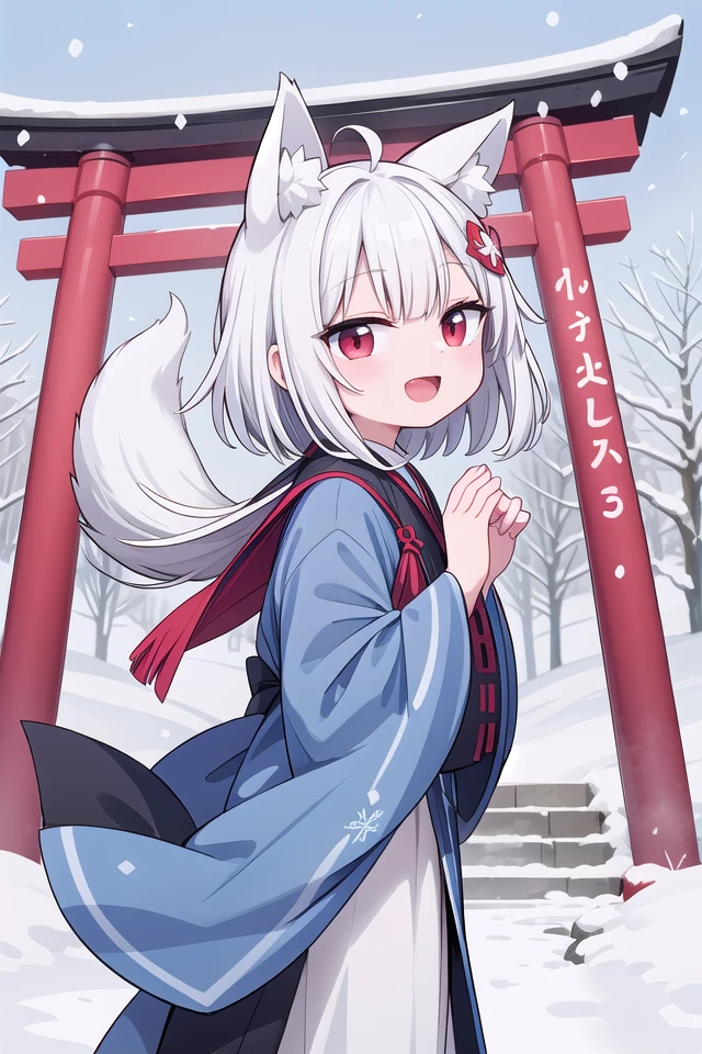insanely detailed, absurdres, ultra-highres, ultra-detailed, best quality,
1girl, solo, nice hands, perfect hands,
BREAK
miko, hanfu, winter hanfu, cloak, (bare shoulder:-1.5), (cleavage:-1.5)
BREAK
happy smile, laugh, open mouth, standing,
from side,
cute pose, cowboy shot,
BREAK
slender, kawaii, perfect symmetrical face, ultra cute girl, ultra cute face, ultra detailed eyes, ultra detailed hair, ultra cute, ultra beautiful,
BREAK
japan, shrine, snowing, snowflake, snow, torii gate, stone steps, shrine architecture
BREAK
(white blue hair:1.2), very long hair, red eyes, two-tone hair, hair ornament, fox ears, fox tail, multiple tails,