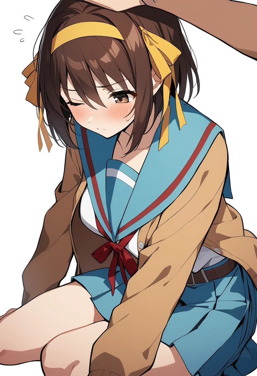 1girl, suzumiya haruhi, belt, blue sailor collar, blue skirt, yellow hairband, yellow ribbon, blush, brown cardigan, brown eyes, brown hair, cardigan, closed mouth, hair between eyes, hair ribbon, hairband, headpat, kita high school uniform, long sleeves, one eye closed, open cardigan, open clothes, out of frame, red ribbon, ribbon, sailor collar, school uniform, serafuku, short hair, simple background, sitting, skirt, solo, white background, masterpiece, best quality, <lora:Char - Suzumiya Haruhi - v1 - Bionagato>