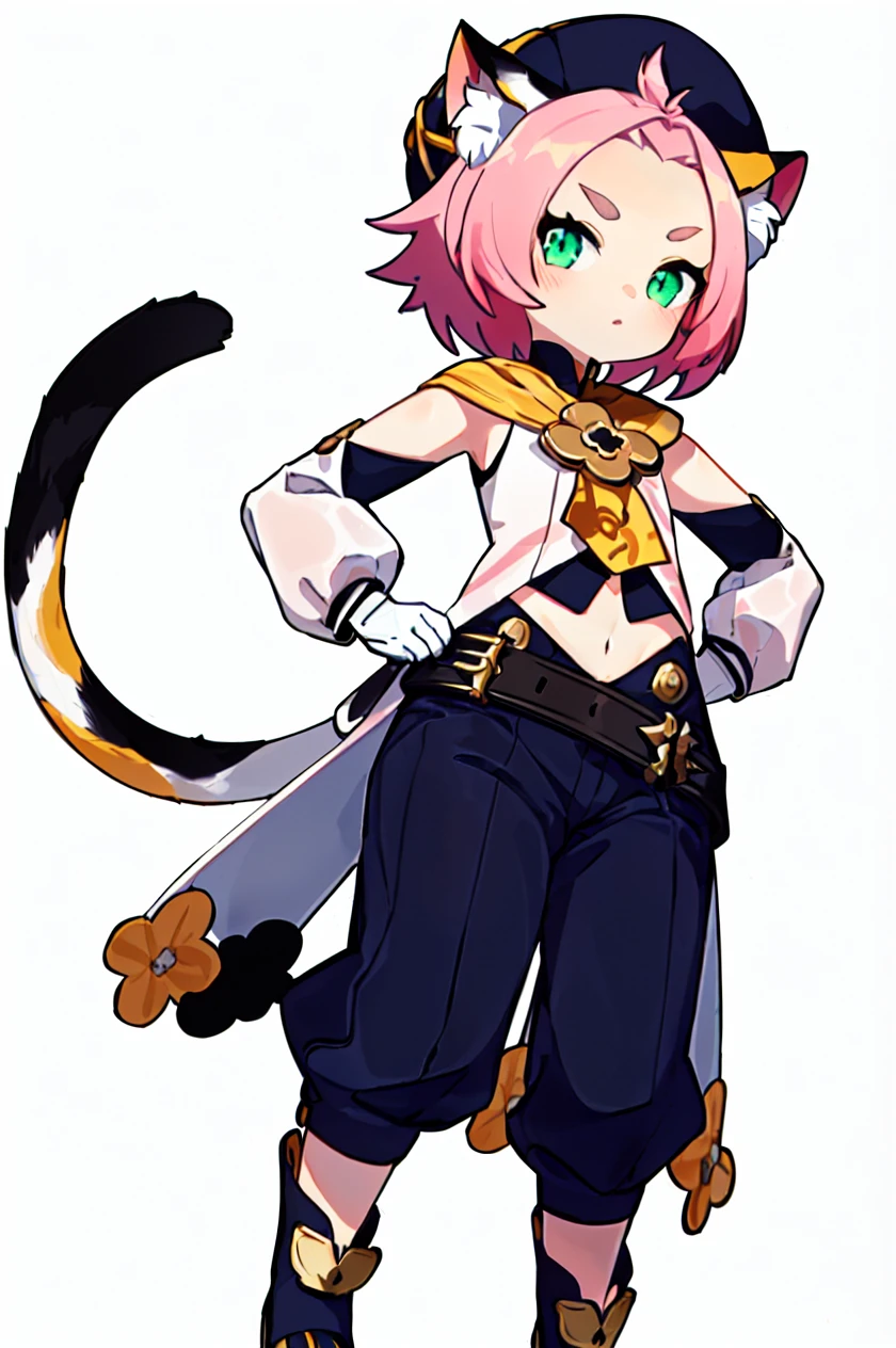 8k, best quality, masterpiece, (ultra-detailed:1.1), (high detailed skin),
(full body:1.3), white background, standing, looking at viewer, (solo:1.4), hand on hip,
<lora:diona-v100-000027:0.8:lbw=OUTALL>,diona, sidelocks, diona (genshin impact), cat ears, 1girl, puffy detached sleeves, animal ears, detached sleeves, bangs pinned back, belt,cat girl, pink hair, forehead, short hair, navel, hat, black shorts, white gloves, thick eyebrows, green eyes, cat tail, animal ear fluff,
(white background, simple background:1.6),
(beautiful_face), ((intricate_detail)), clear face,
((finely_detailed)), fine_fabric_emphasis,
((glossy)), full_shot,