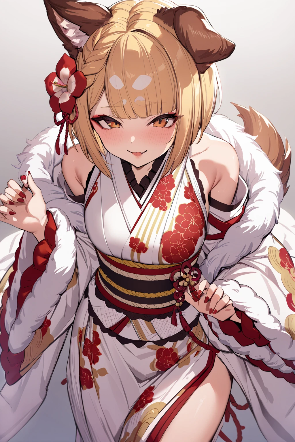masterpiece, best quality, 1girl, <lora:spgbfVajraXL-05:1> vajrarr, dog tail, red hair flower, red nails, white obi, white kimono, japanese clothes, floral print, white detached sleeves, wide sleeves, long sleeves, fur trim, sash