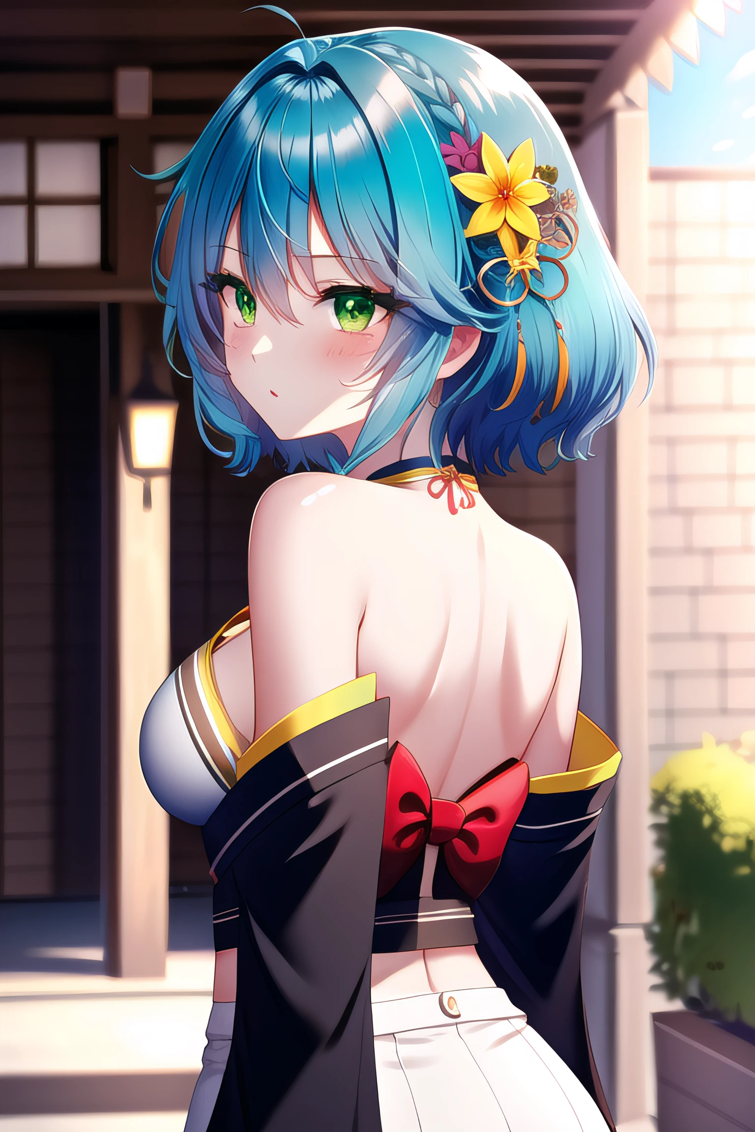 <lora:villhaze_V2:1>, villhaze, short hair, (aqua hair), (green eyes:1.2), hair between eyes, medium breasts, bangs, ahegao, standing, blush, shy, hair ornament,, (((masterpiece, best quality, ultra-detailed, ray tracing))), deph of field, (perfect face, detailed face),shiny eyes, fair skin,((high quality face, soft skin )), (collarbone, cinematic light, cinematic shadow),, (bare back), bare shoulders, bow,(from behind:1.2), japanese clothes, (kimono,long sleeves, off shoulder),looking back,