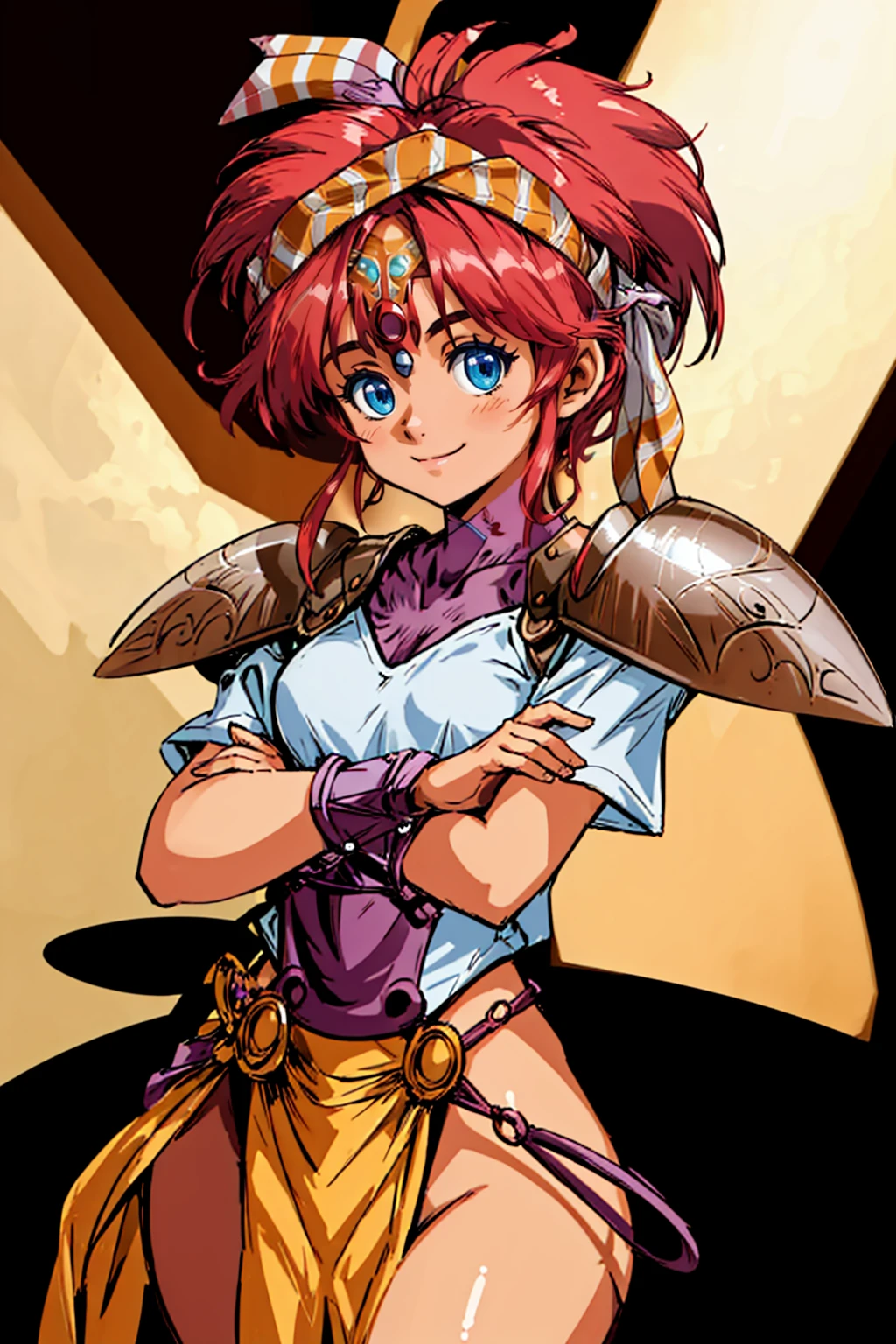 ((best quality)), ((masterpiece)), (detailed), 1girl, solo, 1girl, MDAlisiaDragoon, headband, armor, pauldrons, shoulder armor, smile, small breasts, <lyco:AlisiaDragoon-32:0.8>