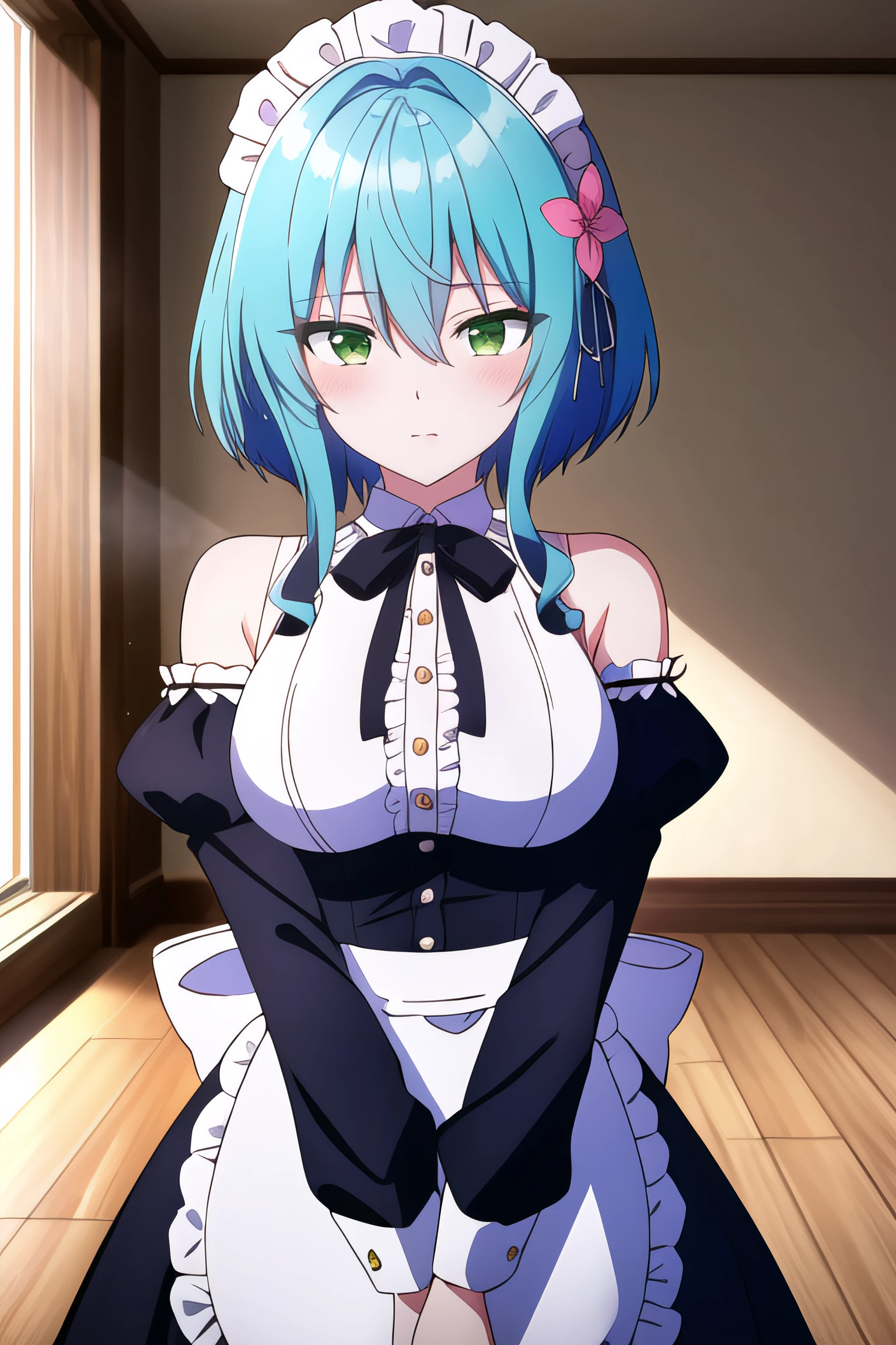 (((Pixel Perfect)))Short Hair,Blue Hair,Remの髪型,alone, 1 Girl,Rem,Big Breasts,(Rem風髪飾り)(Rem風カチューシャ)Roswaal Mansion maid outfit,movie theatre, Backwards,Panties in full view,Protruding buttocks